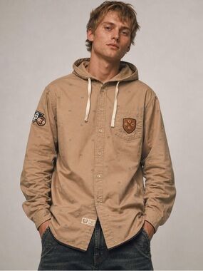 Rocksmith Tan Hooded Button Down Shirt XL Crown Print Streetwear Cotton Hoodie